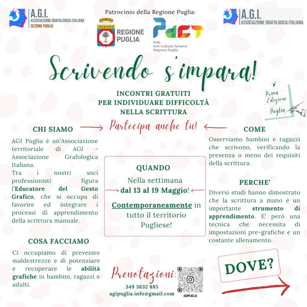 Scrivendo s’impara! Il primo evento dell’AGI Puglia dedicato alle disgrafie (difficoltà nella scrittura a mano) Dal 13 al 19 maggio eventi gratuiti con l’Educatore del Gesto Grafico