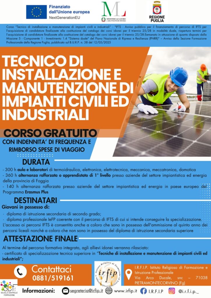 Tecnico di installazione e manutenzione di impianti civili ed industriali